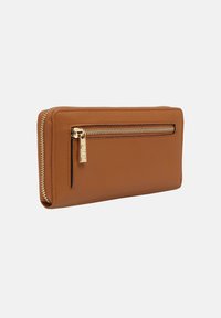 Brown leather wallet with gold zipper, rectangular shape, textured surface, and an external zip pocket for easy access.