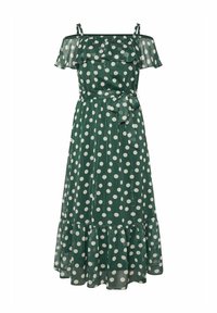 Vihreä pilkullinen mekko, jossa on olkaimeton yläosa, röyhelökaulus, solmittava vyö ja levenevä helma. Valmistettu kevyestä, teksturoidusta kankaasta.