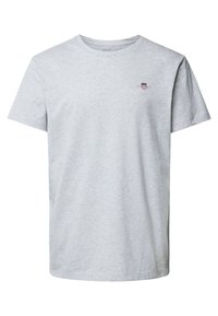 Grey cotton t-shirt with short sleeves, crew neck, and a small logo featuring red and blue stripes on the left chest area.
