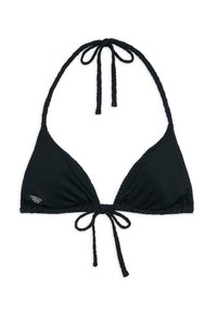 Schwarzer Dreiecks-Bikini-Oberteil aus strukturiertem Stoff. Mit dünnen, geflochtenen Trägern und einem Bindebandverschluss vorne. Logo ist auf einer Seite aufgedruckt.