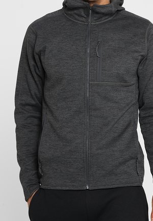 Grijze fleece zip-up hoodie met een gevoerde capuchon, een voorzijde rits en een borstzak. Heeft een gestructureerde afwerking en minimale branding.