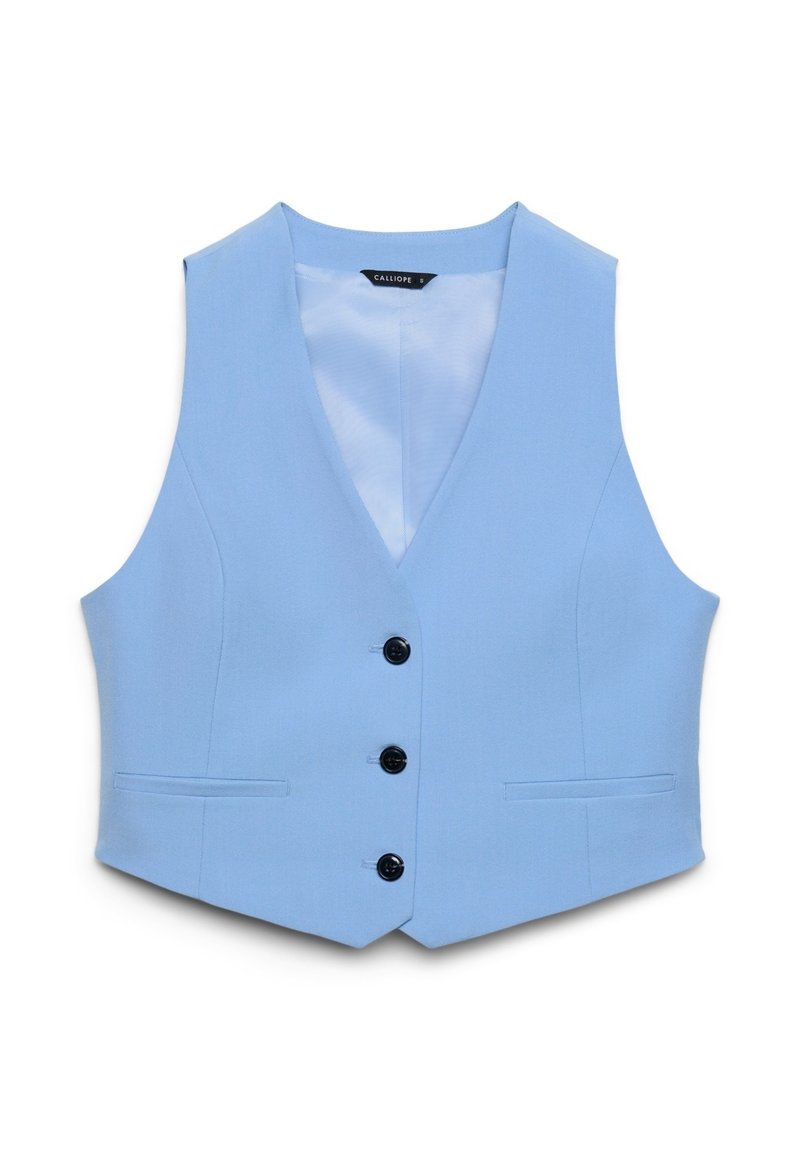 Hellblaues Weste aus glattem Stoff mit tiefem V-Ausschnitt, drei schwarzen Knöpfen und zwei Fronttaschen, mit einem schlichten Design.