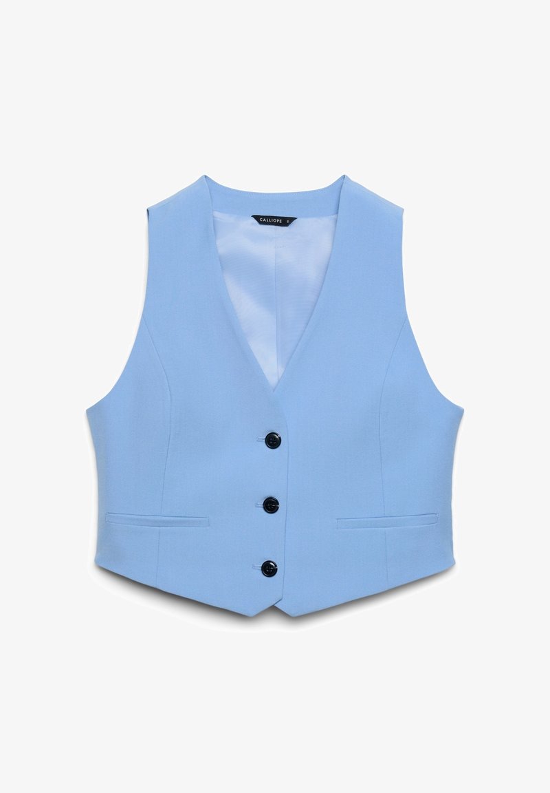 Hellblaues Weste aus glattem Stoff mit tiefem V-Ausschnitt, drei schwarzen Knöpfen und zwei Fronttaschen, mit einem schlichten Design.