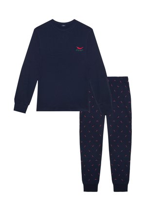 Navy long-sleeve top and pants set. Top features small red chili graphic; pants have small red chili patterns throughout. Soft cotton material.