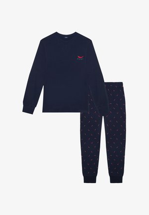 Navy long-sleeve top and pants set. Top features small red chili graphic; pants have small red chili patterns throughout. Soft cotton material.
