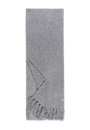 Gray woven scarf with fringe detailing at one end. Textured fabric with a soft, cozy appearance. Compact, rectangular shape.