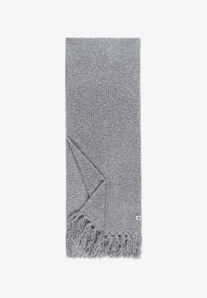 Gray woven scarf with fringe detailing at one end. Textured fabric with a soft, cozy appearance. Compact, rectangular shape.