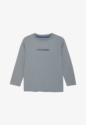 Langärmliges graues T-Shirt aus weicher Baumwolle. Verfügt über einen runden Ausschnitt und bedruckten Text in Dunkelblau, mit kontrastierenden Details im Inneren des Halses.