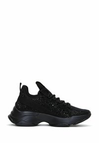Black athletic sneaker featuring a textured knit upper with embedded shiny accents, a cushioned sole, and a loop heel for easy wear.