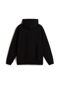 Felpa nera con un tessuto morbido e strutturato. Presenta un cappuccio con cordini, maniche lunghe e polsini e orlo a coste. Design semplice.