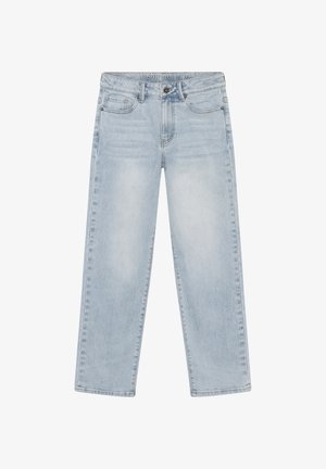 Lichtblauwe denim jeans met een rechte pijp, vijfzakkenontwerp en subtiele vervaging. Afgewerkt met een tailleband met logo en metalen details.