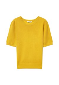 Yellow knitted sweater with short sleeves, round neckline, and a smooth texture. Casual fit with a ribbed hem and cuffs. No visible patterns.