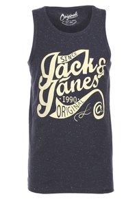 Granatowy podkoszulek z bawełny, z jasnokremową grafiką i napisem "Jack & Jones" oraz akcentami, z okrągłym dekoltem i bez rękawów.