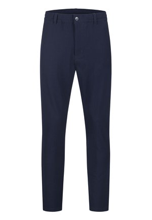 Pantalones ajustados azul marino con cintura elástica, cierre de botón, trabillas para cinturón y cremallera frontal.