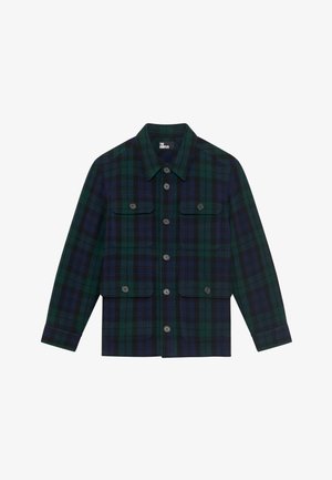 Chaqueta de cuadros en verde oscuro y azul marino con botones, cuatro bolsillos frontales con solapa y mangas largas.