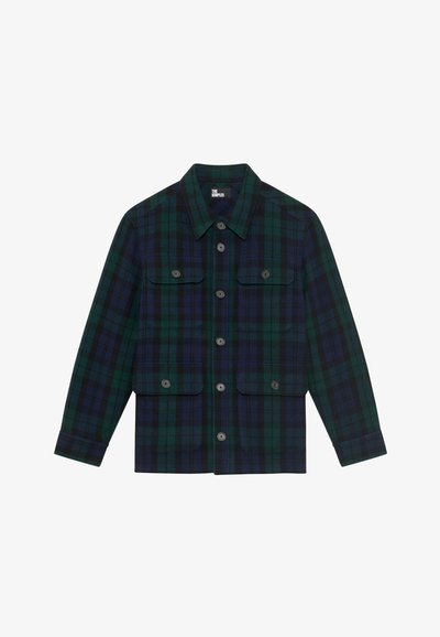 Sötétzöld és tengerész kék kockás, gombos dzseki négy elülső lapos zsebbel és hosszú ujjakkal.