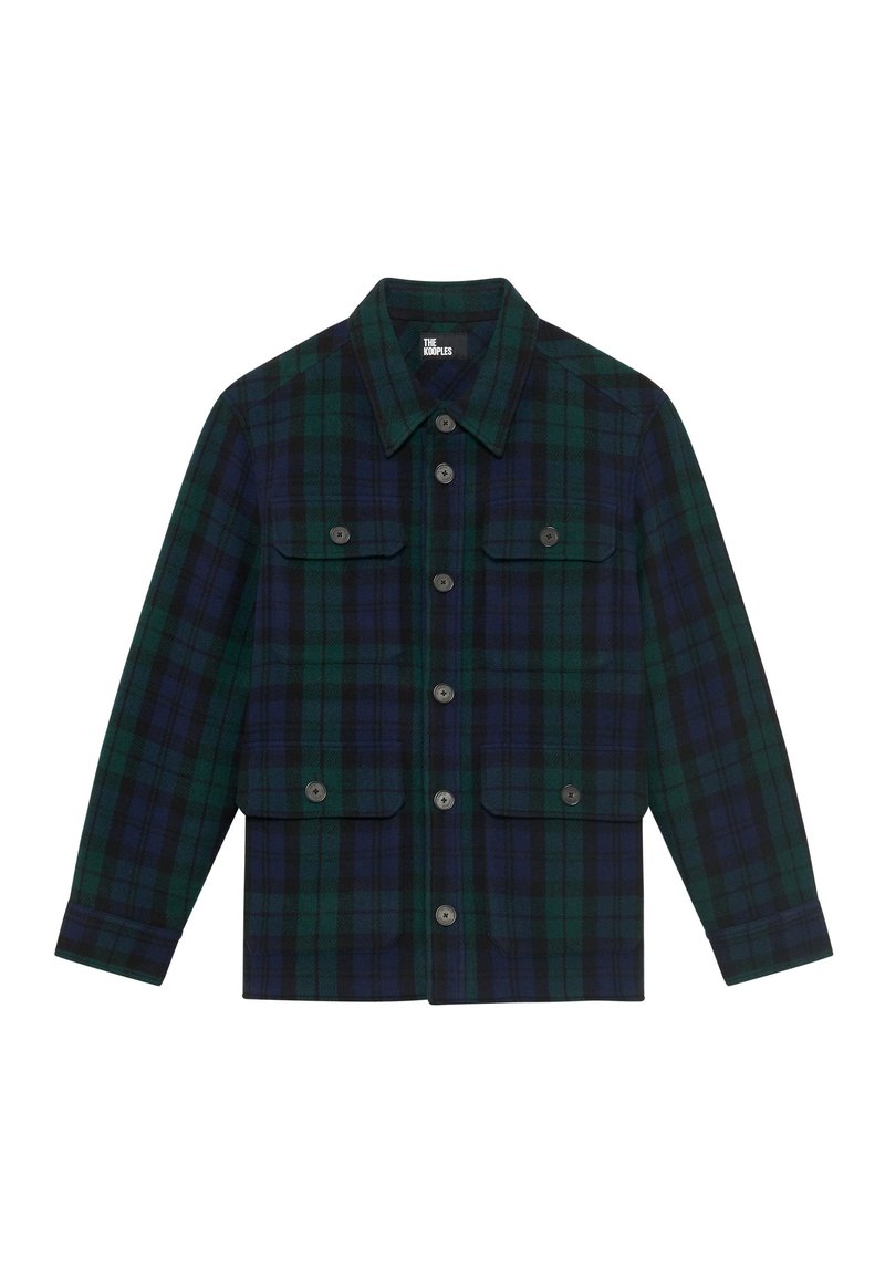 Dunkelgrünes und marineblaues karriertes Hemdjackett mit vier vorderen Klappentaschen und langen Ärmeln.