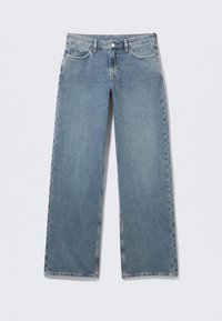 Light blue high-waist straight-leg jeans with front pockets, belt loops, and a button closure on a white background.