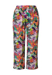 Kleurrijke gestreepte broek met een elastische tailleband, versierd met levendige bloem- en dierenmotieven in roze, groen en paarse tinten.