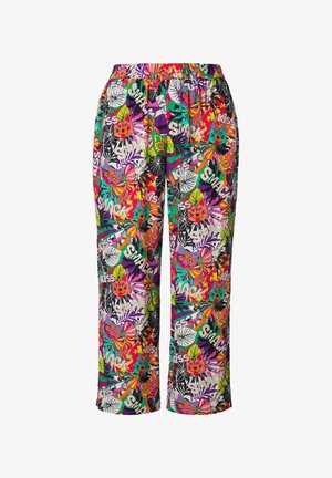 Kleurrijke gestreepte broek met een elastische tailleband, versierd met levendige bloem- en dierenmotieven in roze, groen en paarse tinten.