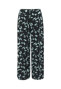 Zwarte stof met een teal bloemenpatroon wijd-uitlopende broek, met een elastische tailleband en een lichte, soepele textuur.