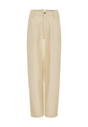 Bež kavbojke širokih nog, izdelane iz bombažne mešanice, z zapiranjem na gumbe spredaj, petimi žepi in gladko teksturo.