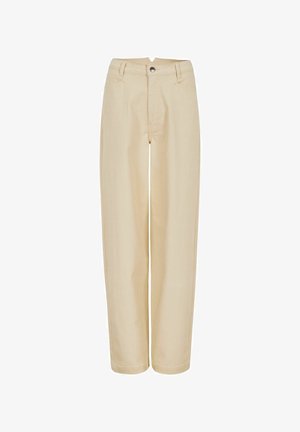 Beige Jeans mit weitem Bein aus Baumwollmischung, ausgestattet mit einem vorderen Knopfverschluss, fünf Taschen und einer glatten Textur.