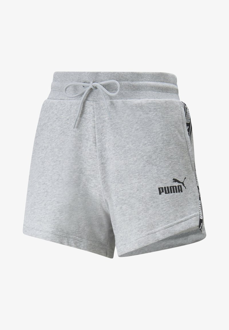 Svetle šedé šortky Puma s šňůrkou v pase, bočními kapsami a černým logem na levé přední noze s bočním lemováním s logem.