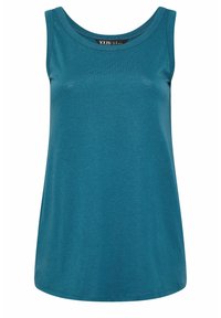Bez rękawów damska bluzka na ramiączkach w kolorze niebieskozielonym, z okrągłym dekoltem, gładkim materiałem i luźnym krojem.