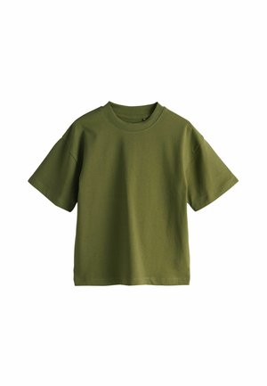 Olivgrünes Baumwoll-T-Shirt mit kurzen Ärmeln, rundem Ausschnitt und lockerem Schnitt. Glatte Textur mit minimalen Nahtdetails.