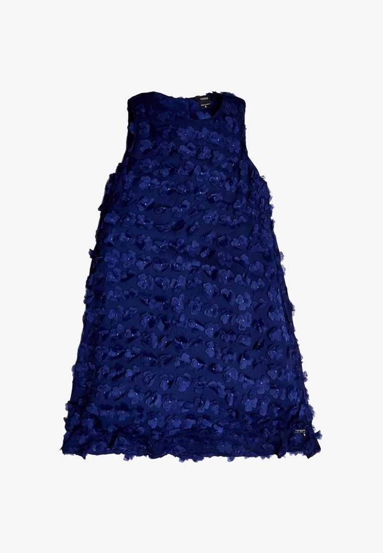 Robe sans manches bleu marine avec un motif floral texturé, fabriquée à partir de tissu superposé. Elle présente un décolleté rond et un ourlet légèrement évasé.