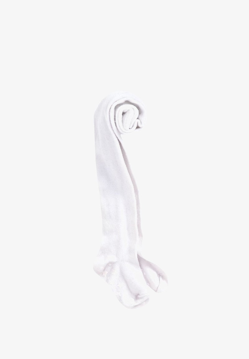 Hvide lårhøje strømper lavet af blødt stof, med en glat tekstur og rund tådesign, med små stjernemønstre på sålerne.