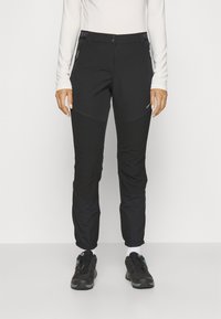 Mustat ulkoiluhousut, joissa on tyylikäs muotoilu, vetoketjullinen tasku, vahvistetut osat ja elastiset hihnat. Valmistettu kestävästä ja joustavasta materiaalista.