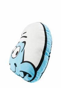 Cuscino morbido blu e bianco a forma di faccia di un personaggio dei cartoni animati, con contorni neri, occhi grandi e una superficie liscia.