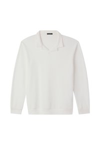 Polo shirt bianco a maniche lunghe realizzato in tessuto testurizzato con un design a costine. Presenta un colletto classico e una vestibilità rilassata.