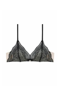 Bralet din dantelă neagră cu bretele ajustabile, având un model floral și margini zimțate. Include o bandă bej și un detaliu decorativ în centru.