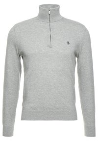 Pullover in maglia grigio chiaro a maniche lunghe con colletto a mezzo zip e piccolo logo di pinguino ricamato sul lato sinistro del petto.