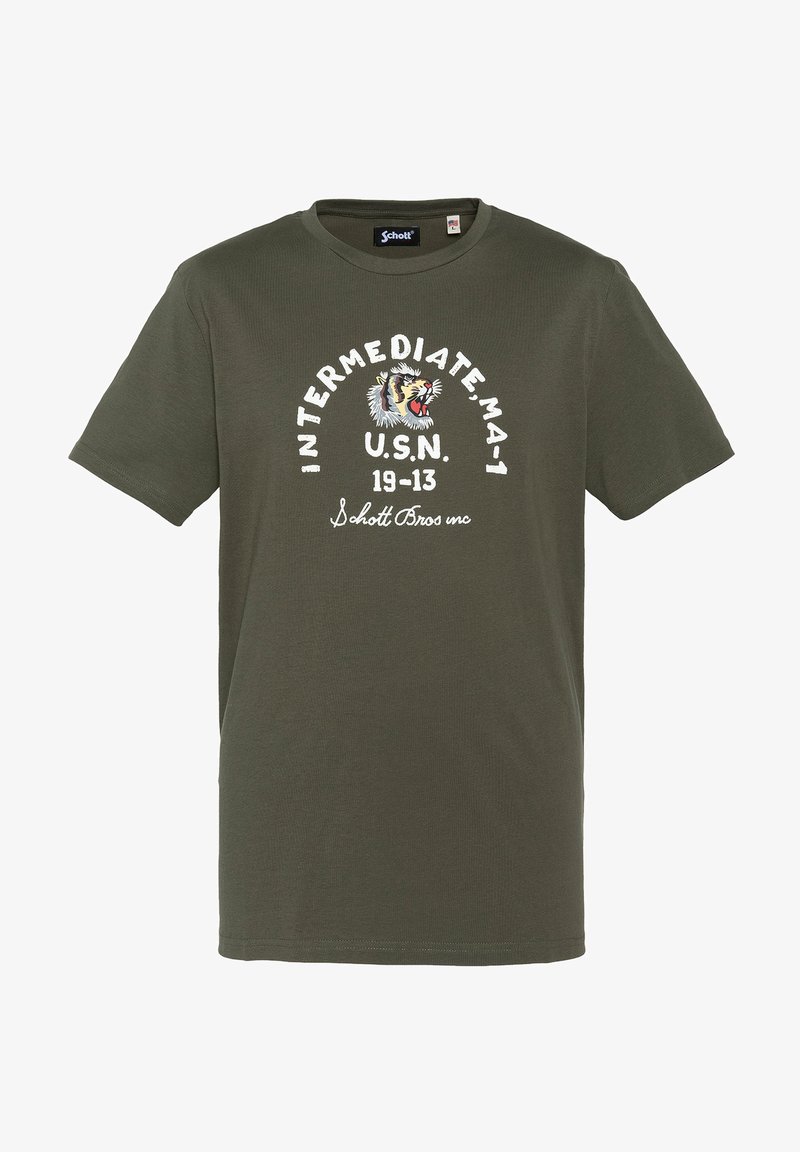 T-shirt vert olive avec texte blanc "INTERMEDIATE MA-1 U.S.N. 19-13 Schott Bros inc" et un graphisme d'un tigre rugissant sur la poitrine.