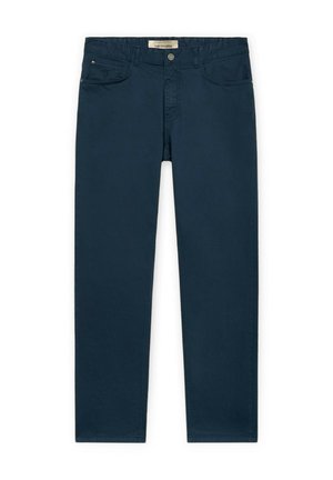 Marineblaue Slim-Fit-Hose mit vorderer Knopfverschluss, Gürtelschlaufen und Fünf-Taschen-Design, mit Trussardi-Label am Bund.