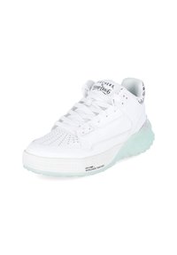 White athletic sneaker with perforated toe, textured side panels, and translucent mint green sole. Logo details include "Snoop Dogg" on the tongue.