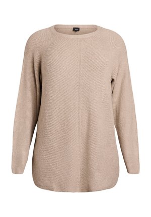 Bež pulover iz pletenine z okrolim izrezom, dolgimi rokavi in teksturiranim vzorcem diamantov po tkanini. Redni kroj s ravnim robom.