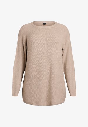Bež pulover iz pletenine z okrolim izrezom, dolgimi rokavi in teksturiranim vzorcem diamantov po tkanini. Redni kroj s ravnim robom.
