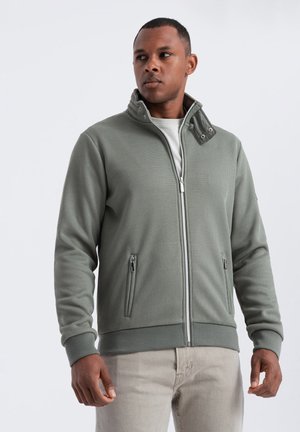 Helle grüne Zip-Jacke aus strukturiertem Stoff, hoher Kragen, zwei Seitentaschen sowie Rippstrickbündchen und Saum. Kombiniert mit hellbeigen Hosen.