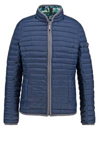 Giacca imbottita navy con design trapuntato, zip grigia e colletto. L'interno presenta una fodera colorata con un motivo. Materiale sintetico leggero.