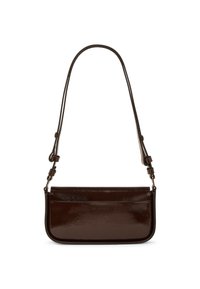 Braune, glänzende Lederhandtasche mit rechteckiger Form, verstellbarem Tragriemen und glatter Textur. Verfügt über eine Reißverschlusstasche und minimale Akzente.