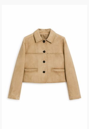 Hellbeige, samtige, kurz geschnittene Jacke mit umgeschlagenem Kragen, sechs schwarzen Knopfverschlüssen, zwei seitlichen Taschen und horizontalen Nähdetails.