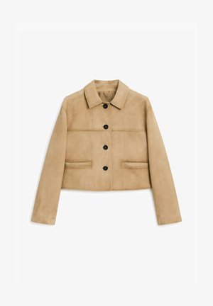 Hellbeige, samtige, kurz geschnittene Jacke mit umgeschlagenem Kragen, sechs schwarzen Knopfverschlüssen, zwei seitlichen Taschen und horizontalen Nähdetails.