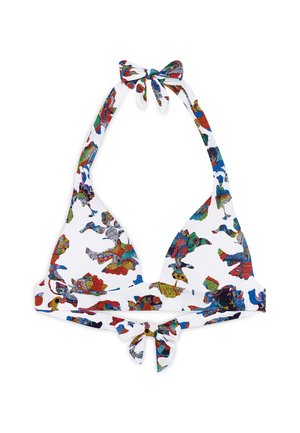 Triangle bikini top in stretchy fabric, white base with a colorful abstract pattern. Ties at the neck and back, smooth texture, no padding.