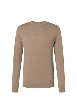 Beige crewneck sweater gemaakt van zacht gebreid materiaal, met lange mouwen en geribbelde manchetten en zoom. Geen zichtbare patronen of accenten.