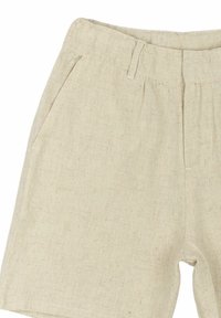 Linnen shorts in lichtbeige met een gestructureerd oppervlak, voorzien van twee zijzakken en een platte tailleband met subtiele plooien.